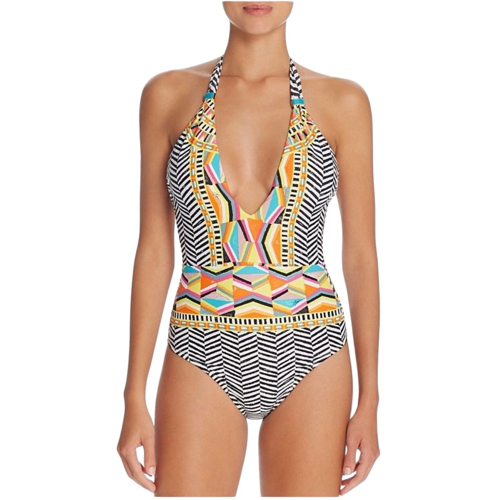 TRINA TURK BRASILIA 1 PC SWIMSUIT PLUNGING V NECK HALTER TIE FLIRTY COLO…